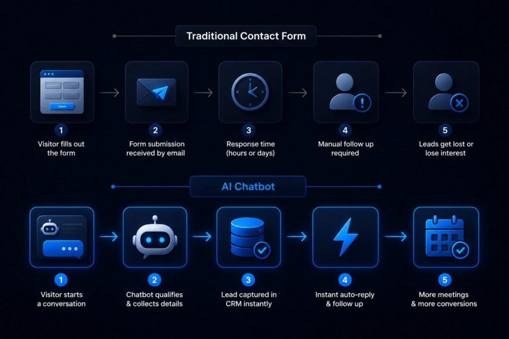 AI chatbot vs traditional contact form workflow showing how AI chatbots automate lead capture, CRM integration, and follow ups to generate more leads.
